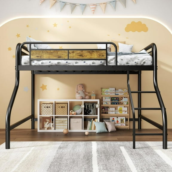 Low Loft Bed Twin, Heavy Duty Metal Twin Loft Bed with Ladder and Full-Length Guardrail for Boys, Girls, Junior, for Spaces-Saving, No Box Spring Needed, Easy Assembly, Black
