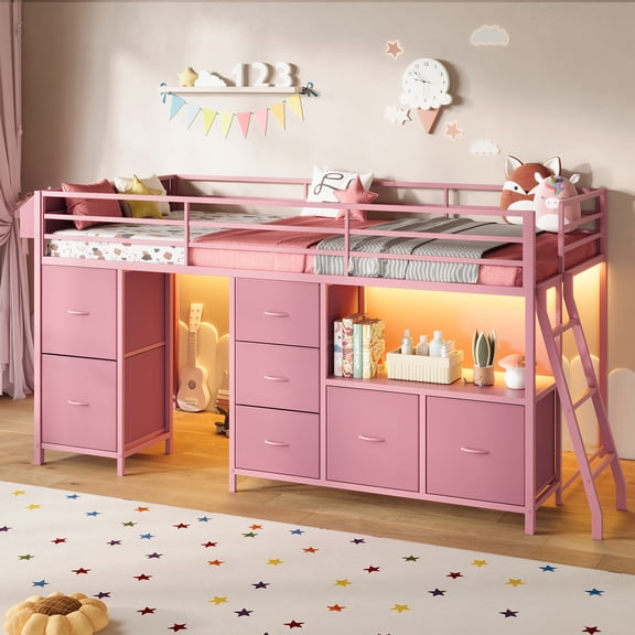 Low Loft Bed, Twin Low Loft Bed Frame with 7 Drawers, Bookcase & LED Lights, Metal Bed with Safety Guardrail, Underbed Play Space