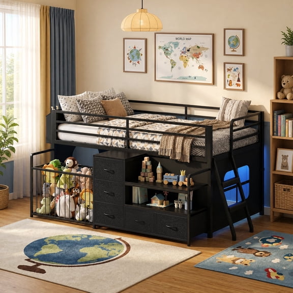 Low Loft Bed Twin Size with 5 Storage Drawers, Bookcase, LED Lights and Stuffed Animal Organizer, Metal Loft Bed with 13" H Safety Guardrail, Inclined Ladder and Under-Bed Play Space, Black