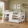 thumbnail image 1 of Low Loft Bed Twin Size with 5 Storage Drawers, Bookcase, LED Lights and Stuffed Animal Organizer, Metal Loft Bed with 13" H Safety Guardrail, Inclined Ladder and Under-Bed Play Space, White, 1 of 9