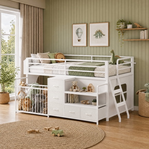 Low Loft Bed Twin Size with 5 Storage Drawers, Bookcase, LED Lights and Stuffed Animal Organizer, Metal Loft Bed with 13" H Safety Guardrail, Inclined Ladder and Under-Bed Play Space, White