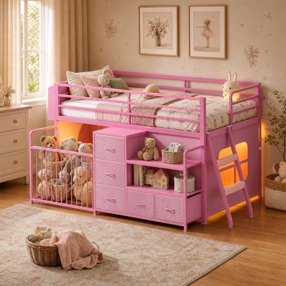Low Loft Bed Twin Size with 5 Storage Drawers, Bookcase, LED Lights and Stuffed Animal Organizer, Metal Loft Bed with 13" H Safety Guardrail, Inclined Ladder and Under-Bed Play Space, Pink