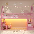 thumbnail image 1 of Low Loft Bed Twin Size with 5 Storage Drawers, LED Lights, Open Storage Shelves, Twin Metal House Loft Bed with Bookcase & Guardrail & Under-Bed Space,Pink, 1 of 10