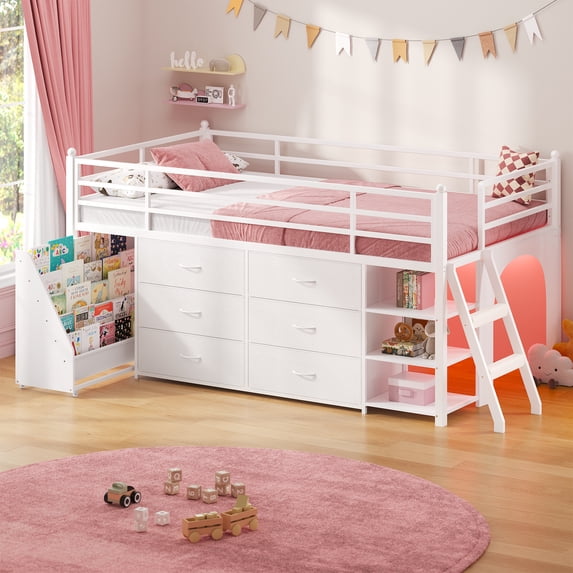 Low Loft Bed Twin Size with 6 Storage Drawers, Metal Loft Bed with 5-Tier Mobile Bookshelf and LED Lights, Under-Bed Play Space, No Box Spring Needed, White