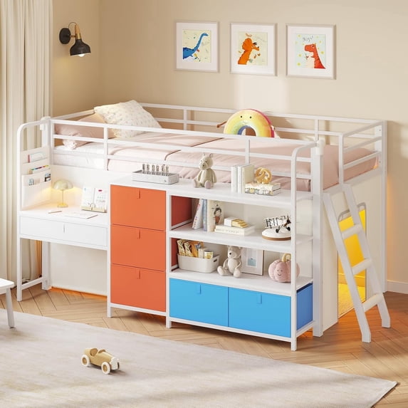 Low Loft Bed Twin Size with 6 Storage Drawers, Twin Metal Loft Beds with Desk, LED Lights and Storage Bookshelf, Modern Loft Bed Frame for Teens, Full-Length Guardrail & Ladder, Colorful