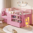 thumbnail image 1 of Low Loft Bed Twin Size with 6 Storage Drawers, Twin Metal Loft Beds with Desk, LED Lights and Storage Bookshelf, Modern Loft Bed Frame for Teens, Full-Length Guardrail & Ladder, Pink, 1 of 6