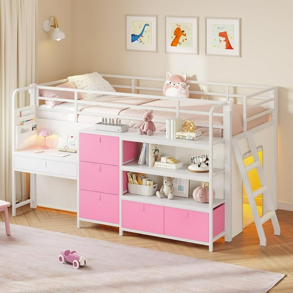 Low Loft Bed Twin Size with 6 Storage Drawers, Twin Metal Loft Beds with Desk, LED Lights and Storage Bookshelf, Modern Loft Bed Frame for Teens, Full-Length Guardrail & Ladder, White&Pink