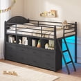thumbnail image 1 of Low Loft Bed Twin Size with 8 Storage Drawers and LED Lights, Metal Loft Bed Frame with Bookcase Storage, Safety Guardrail and Under-Bed Play Space, Black, 1 of 9
