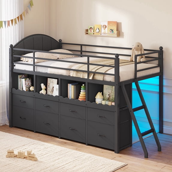 Low Loft Bed Twin Size with 8 Storage Drawers and LED Lights, Metal Loft Bed Frame with Bookcase Storage, Safety Guardrail and Under-Bed Play Space, Black