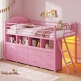 thumbnail image 1 of Low Loft Bed Twin Size with 8 Storage Drawers and LED Lights, Metal Loft Bed Frame with Bookcase Storage, Safety Guardrail and Under-Bed Play Space, Pink, 1 of 9