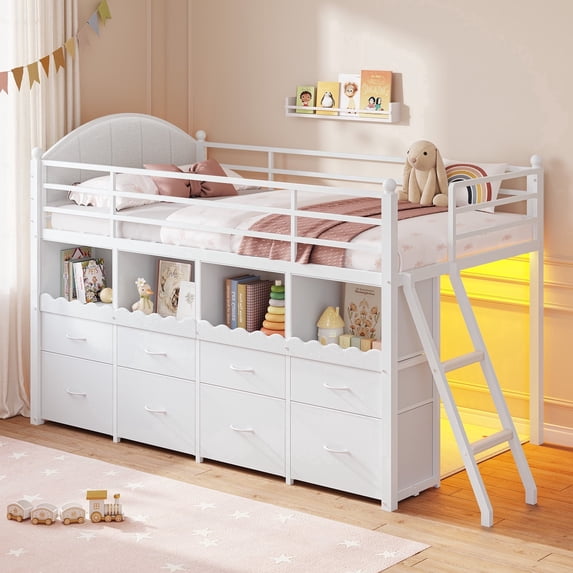Low Loft Bed Twin Size with 8 Storage Drawers and LED Lights, Metal Loft Bed Frame with Bookcase Storage, Safety Guardrail and Under-Bed Play Space, White