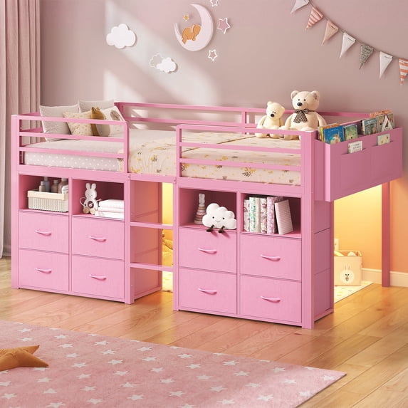 Low Loft Bed Twin Size with 8 Storage Drawers, Metal Loft Bed with Bookcase and LED Lights, 14" H Safety Guardrail, Under-Bed Play Space, No Box Spring Needed, Pink
