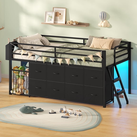 Low Loft Bed Twin Size with 8 Storage Drawers, Loft Bed with LED Lights, Play Zone and Toy Organizer, Under-Bed Play Space, No Box Spring Needed, Black