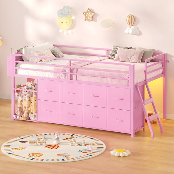 Low Loft Bed Twin Size with 8 Storage Drawers, Twin Loft Bed with LED Lights and Play Zone, Metal Loft Bed with Under-bed Play Space, No Box Spring Needed, Pink