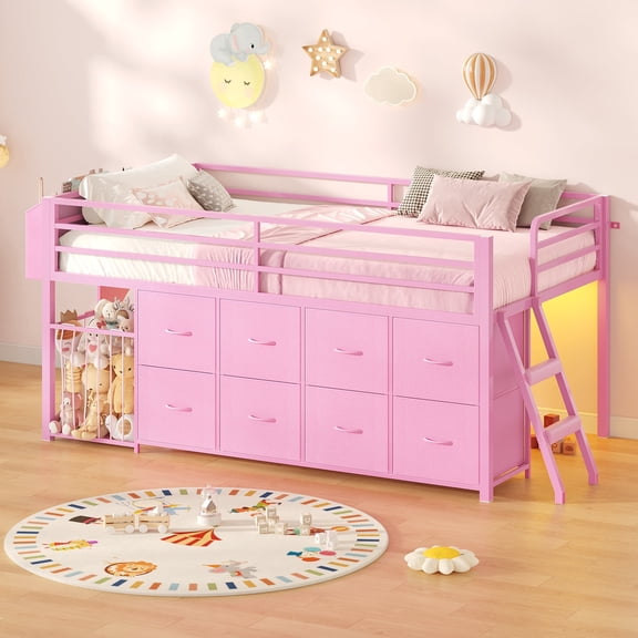 Low Loft Bed Twin Size with 8 Storage Drawers, Twin Loft Bed with LED Lights and Play Zone, Metal Loft Bed with Under-bed Play Space, No Box Spring Needed, Pink