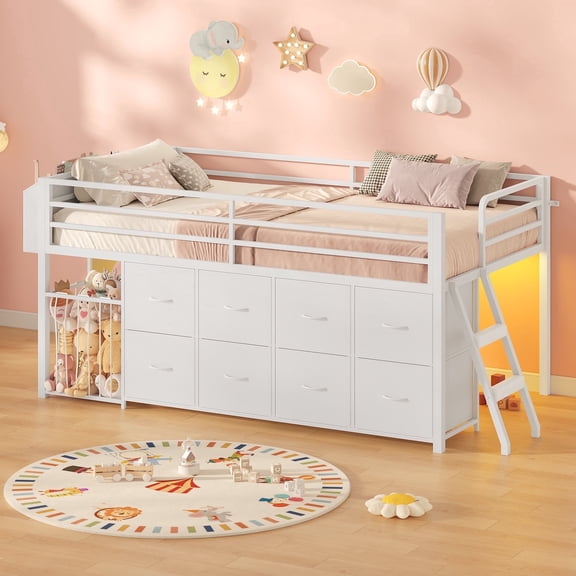 Low Loft Bed Twin Size with 8 Storage Drawers, Twin Loft Bed with LED Lights and Play Zone, Metal Loft Bed with Under-bed Play Space, No Box Spring Needed, White