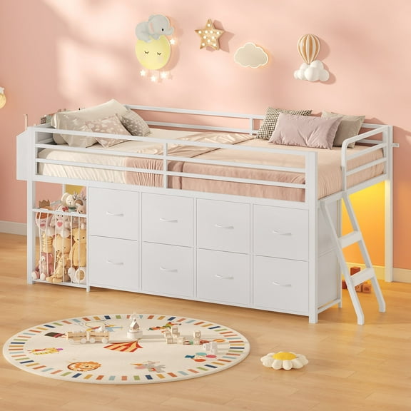 Frhnenha Low Loft Bed Twin Size with 8 Storage Drawers, Twin Loft Bed with LED Lights and Play Zone, Metal Loft Bed with Under-bed Play Space, No Box Spring Needed, White
