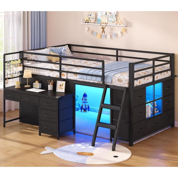 Low Loft Bed Twin Size with Desk, 12 Storage Drawers, Window,Twin Loft Bed with RGB LED Lights, Secret Fort, with Shelf, Slanted Ladder, Safety Guardrails, Metal Grid Panel,Black