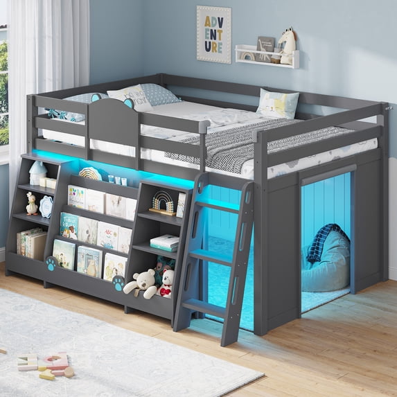 Low Loft Bed Twin Size with LED Lights and Montessori Storage Bookshelf, Twin Loft Bed Frame with Secret Play Space, Toy Box, Safety Guardrails and Stairs, Wood Twin Beds for Boys/Girls,Grey
