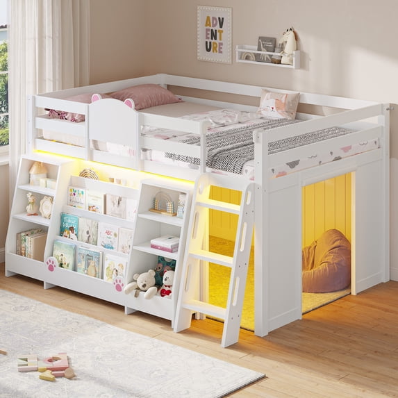 Low Loft Bed Twin Size with LED Lights and Montessori Storage Bookshelf, Twin Loft Bed Frame with Secret Play Space, Toy Box, Safety Guardrails and Stairs, Wood Twin Beds for Boys/Girls,White