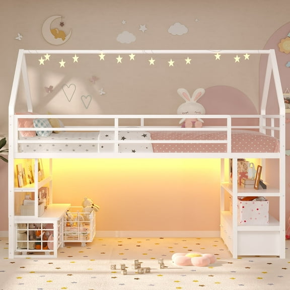 Low Loft Bed Twin Size with LED Lights, Open Storage Shelves,5 Storage Drawers, Twin Metal Loft Bed with Bookcase,Guardrail,Under-Bed Play Space,White