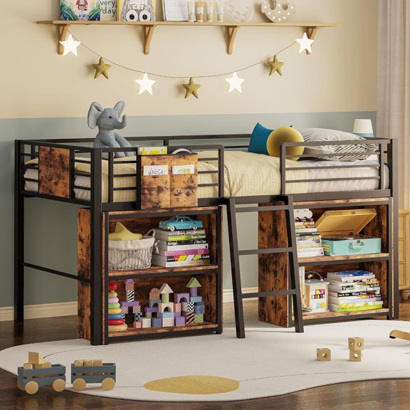 Low Loft Bed Twin Size Metal Frame with Storage Cabinets and Safety Rails