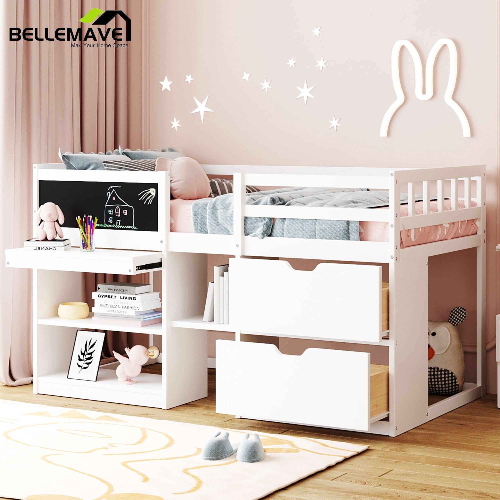 Low Loft Bed Twin Size with Rolling Desk, Storage Shelves and ...