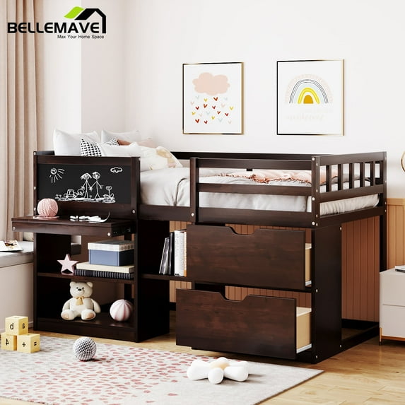 Low Loft Bed Twin Size with Rolling Desk, Storage Shelves and Chalkboard, Loft Bed with Storage Drawer and Full-Length Guardrail, Twin Loft Bed, Espresso
