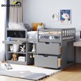 thumbnail image 1 of Low Loft Bed Twin Size with Rolling Desk, Storage Shelves and Chalkboard, Loft Bed with Storage Drawer and Full-Length Guardrail, Twin Loft Bed, Gray, 1 of 13