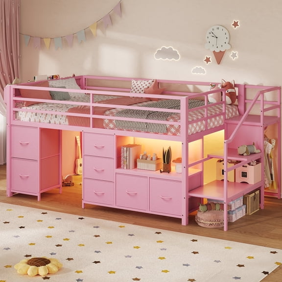Low Loft Bed Twin Size with Stairs,7 Drawers, Bookcase and LED Lights, Metal Loft Bed with 14" H Guardrail,Inclined Ladder and Play Curtain, Under-Bed Play Space,Pink