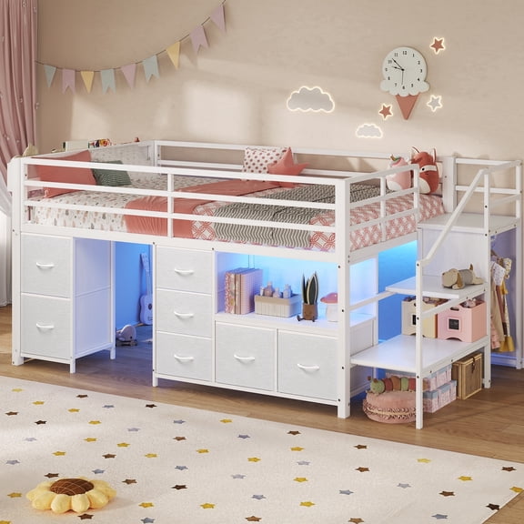 Low Loft Bed Twin Size with Stairs,7 Drawers, Bookcase and LED Lights, Metal Loft Bed with 14" H Guardrail,Inclined Ladder and Play Curtain, Under-Bed Play Space,White