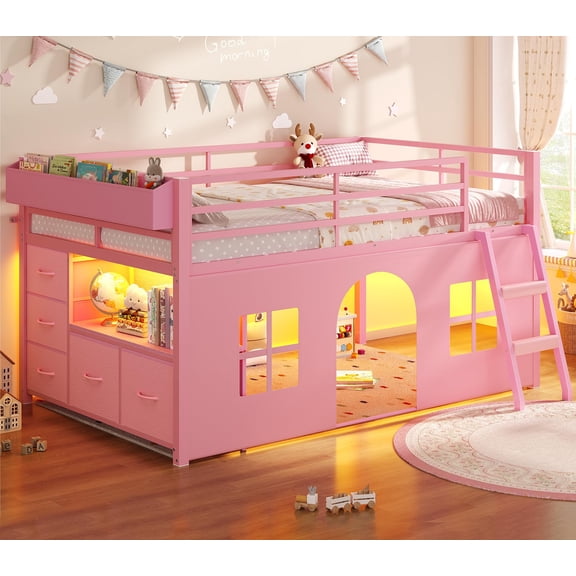 Low Loft Bed Twin With Tent, Led Lights, 5 Storage Drawers, Metal Loft Bed With Bookcase,Under-bed Play Space,13.8''h Guardrail,inclined Ladder,Pink