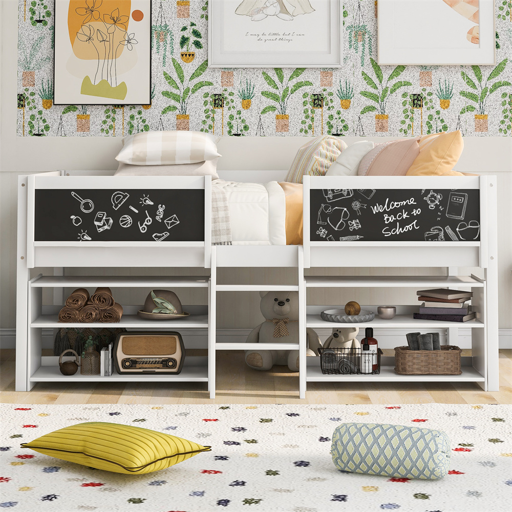 Low Loft Bed with Two Movable Shelves and Three-Sides Decorative ...