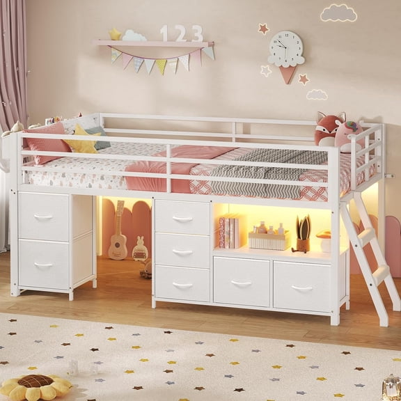 Low Loft Bed with 7 Storage Drawers,Twin Size Loft Bed Frame with Bookcase, LED Lights and Under-Bed Play Space,White