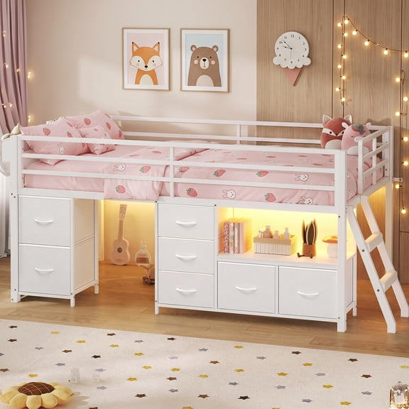 Low Loft Bed with 7 Storage Drawers,Twin Size Loft Bed Frame with Bookcase, LED Lights and Under-Bed Play Space,White