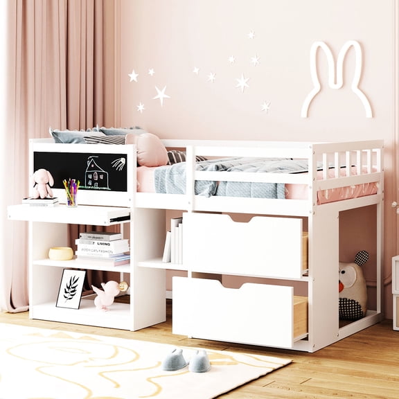 Low Loft Bed with Rolling Desk and Stair Shelf / Enhance Bedroom Utility and Convenience