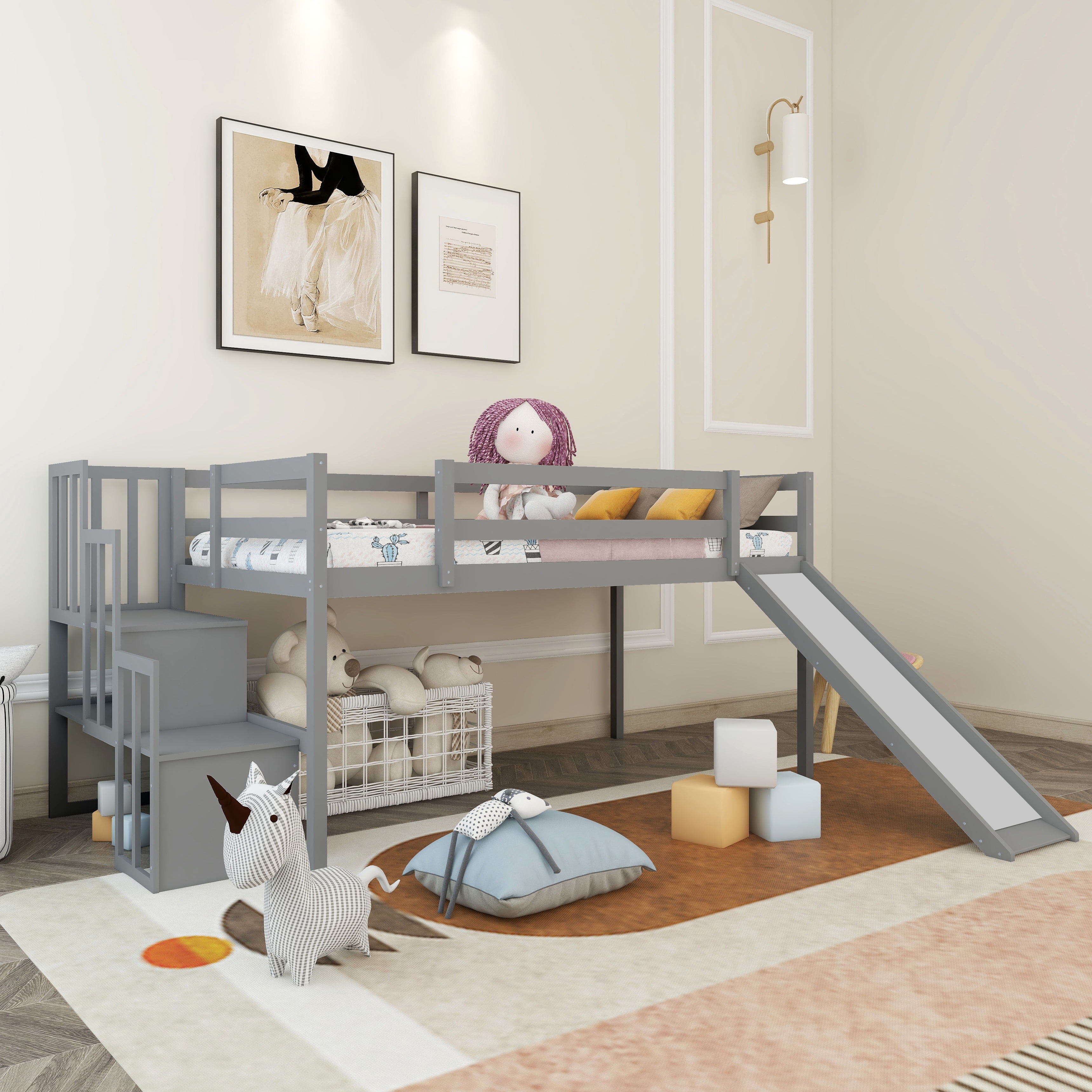 Solid Wood Twin Size Low Loft Bed with Slide, Storage Stairs and ...