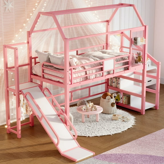 Bellemave Loft Bed with Slide and Stairs, Twin Size House Bed with Storage Shelves,Metal Playhouse Loft Beds Frame with Large Space Underneath（Pink)