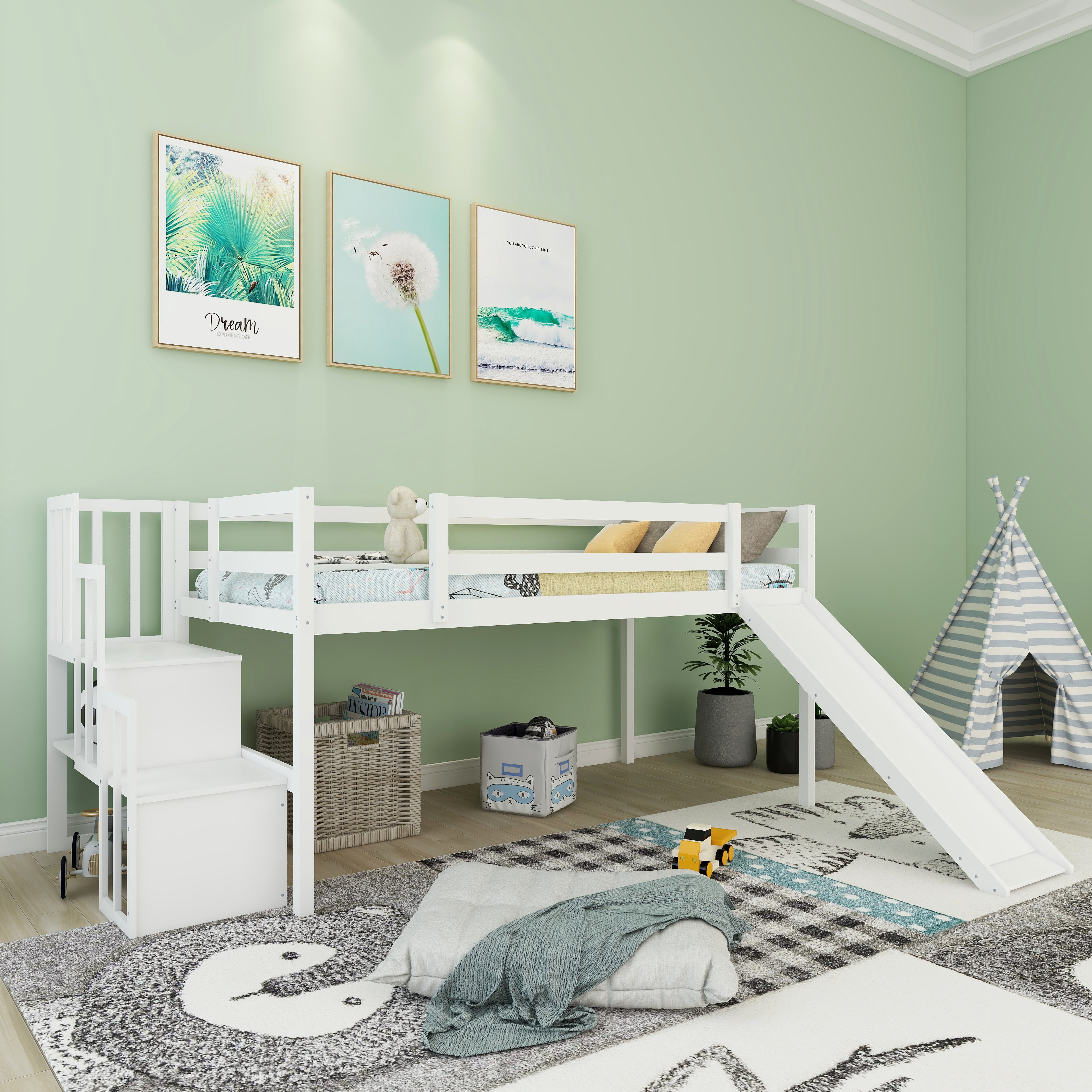 Low Loft Bed with Slide, Wood Twin Size Loft Bed with Storage Stairs