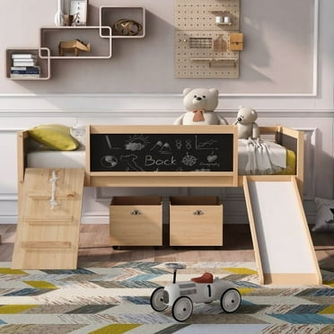 Low Loft Bed with Slide and Two Storage Boxes, Chalkboard, Wood Twin Size Loft Bed with Climbing Frame and Rope (Natural, Loft Bed)