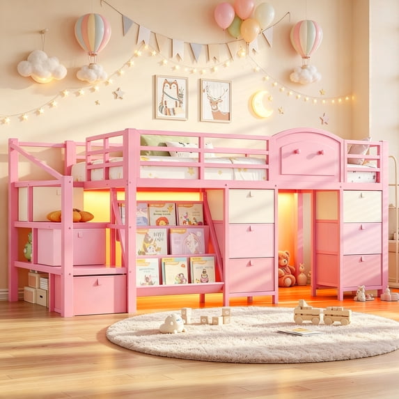 Low Loft Bed with Storage Stairs & Drawers & Shelves, LED Twin Metal Loft Bed with Under-Bed Playhouse, Pink