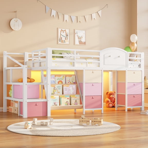 Low Loft Bed with Storage Stairs & Drawers & Shelves, LED Twin Metal Loft Bed with Under-Bed Playhouse, White