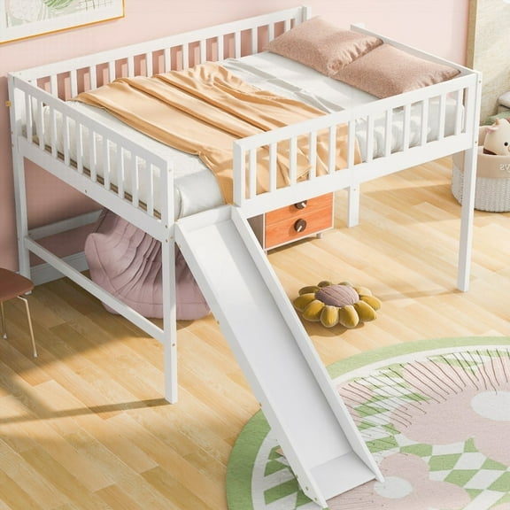 Low Loft Bed with White Ladder and Removable Slide for Extra Enjoyment
