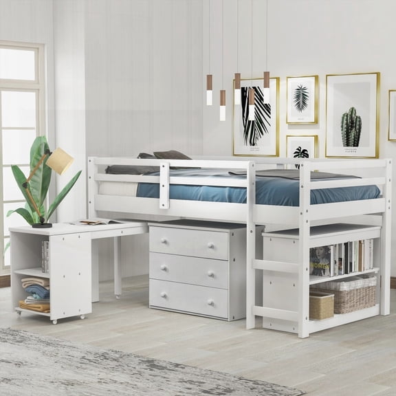 Twin Size Plywood High-Rise Bed Frame with Cabinet and Rolling Desk - White, No Box Spring, Space-Saving