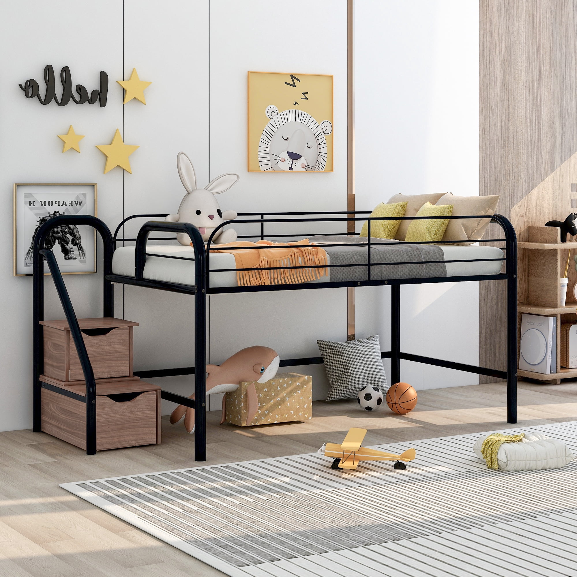 Low Loft Twin Metal Bed with 2 Big Storage Steps, Toddler Kids Modern Metal Bed Frame, Heavy Duty Bed, Multifunction Design Bed Bedroom Furniture, Space-Saving, No Box Spring Needed (Brown)