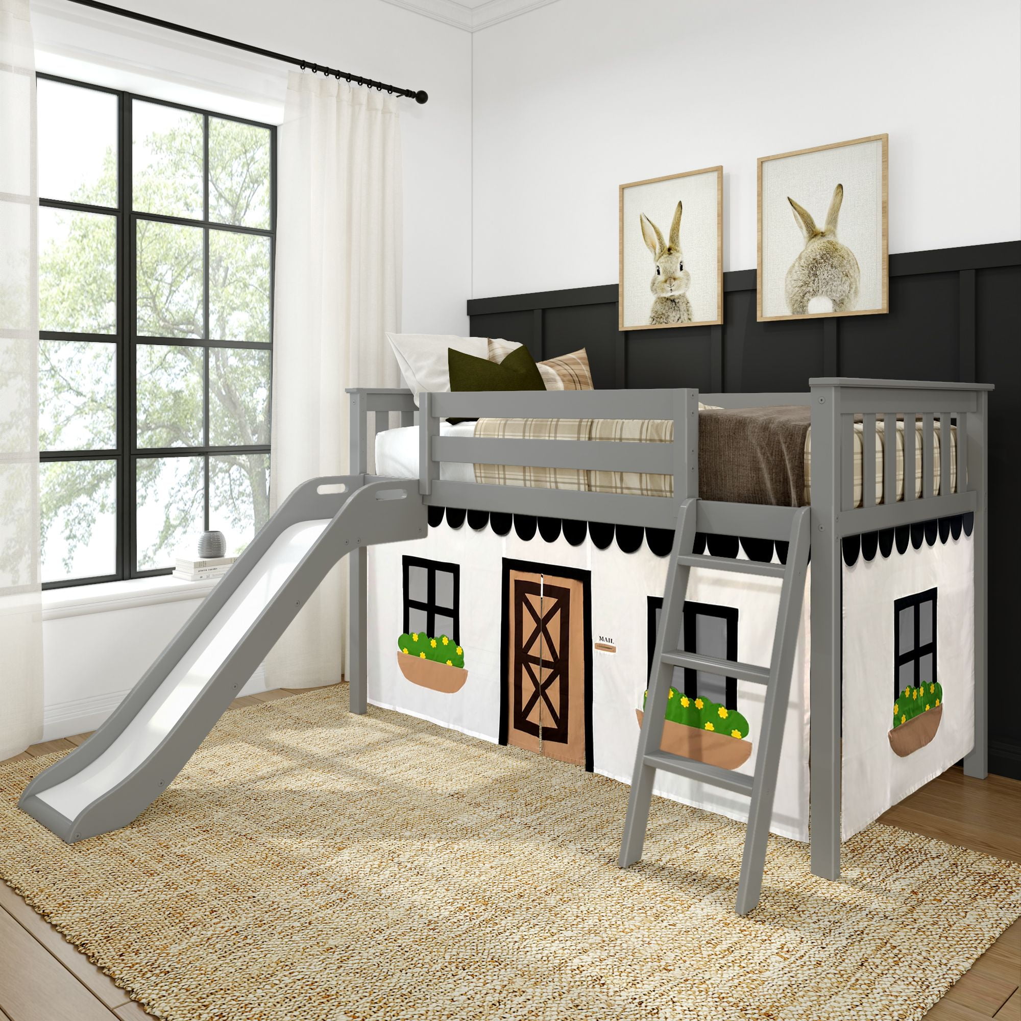 Gray Twin Loft Bed with Slide and Farmhouse Curtain