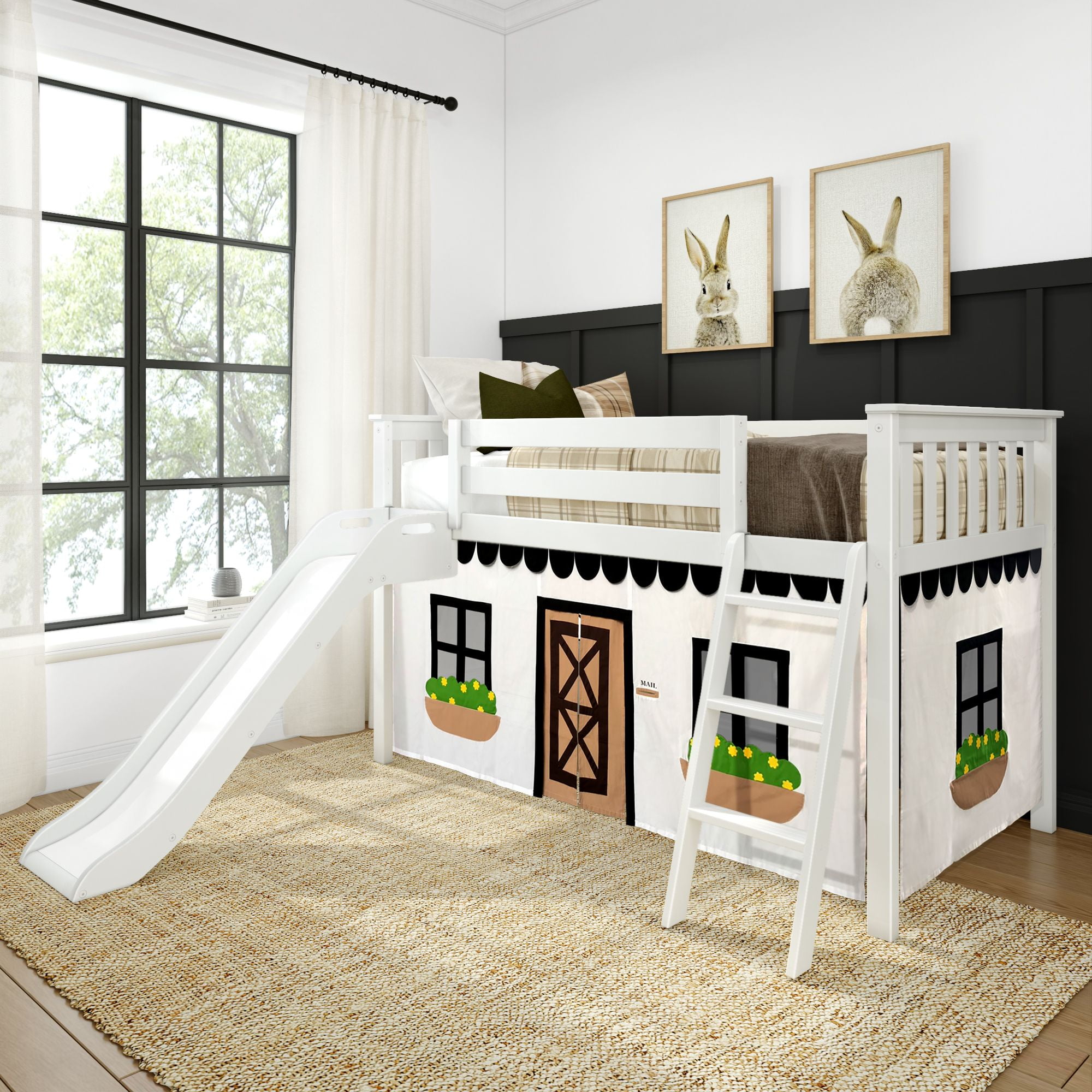 White Pine Twin Loft Bed with Slide and Farmhouse Curtain