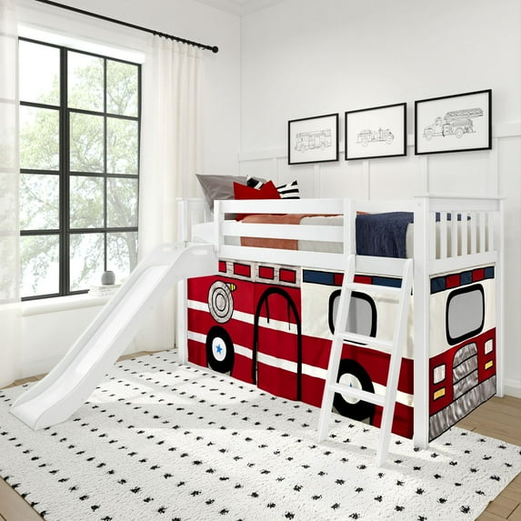 Low Loft With Easy Slide & Firetruck Curtain, White