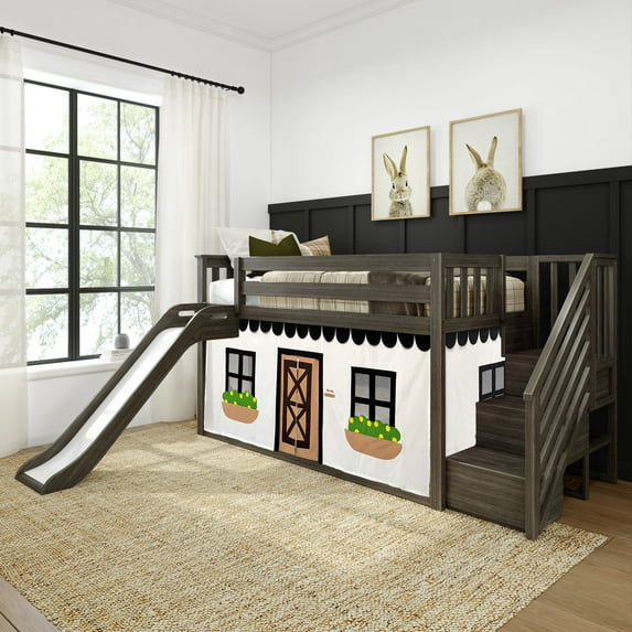 Low Loft With Stairs, Easy Slide & Black & White Farmhouse Curtain, Clay