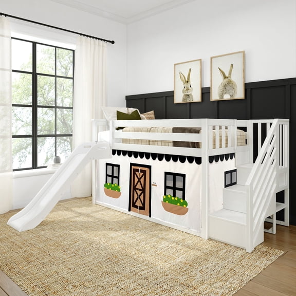 Low Loft With Stairs, Easy Slide & Black & White Farmhouse Curtain, White